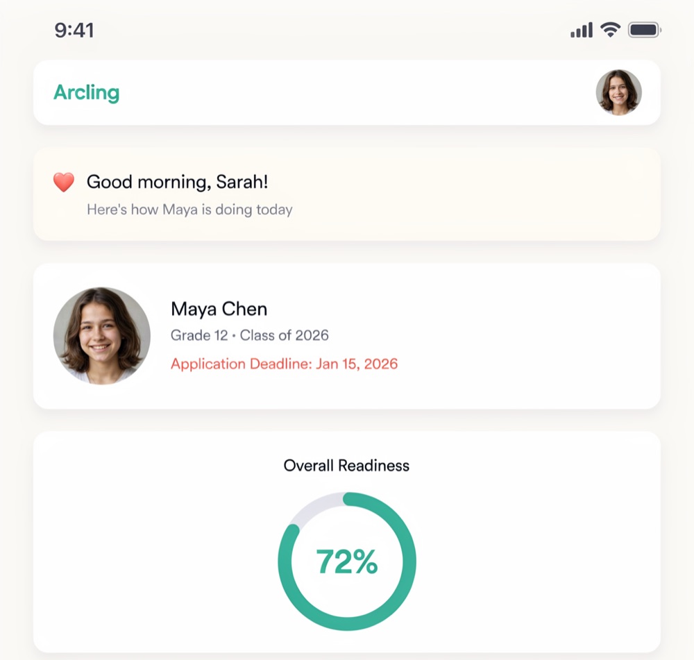 The Arcling app showing a parent their child's application readiness at 72 percent